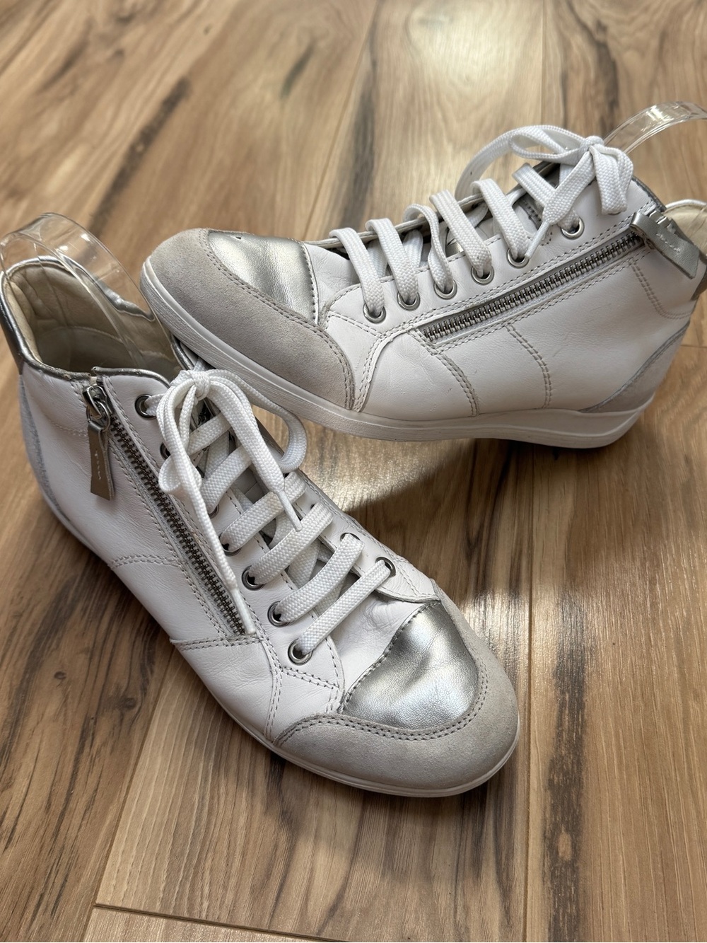 Geox Respira White Silver Leather High Top Sneakers Side Zip Metallic Size 10